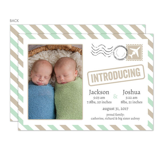 Seafoam Letter Twins Photo Birth Announcements
